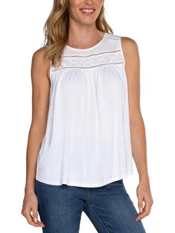 LIVERPOOL - Embroidered Sleeveless Knit to Woven Muscle WHT W/ WHT EMB