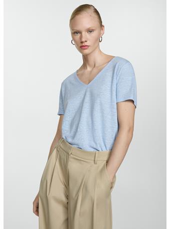 MANGO - V-Neck Linen T-Shirt MEDIUM BLUE