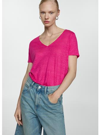 MANGO - V-Neck Linen T-Shirt BRIGHT PINK