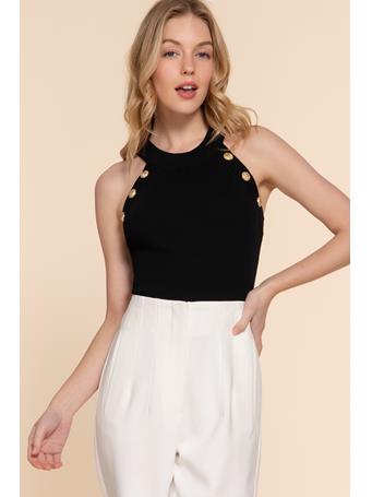 ACTIVE BASIC - Gold Snap Button Halter Neck Top BLACK