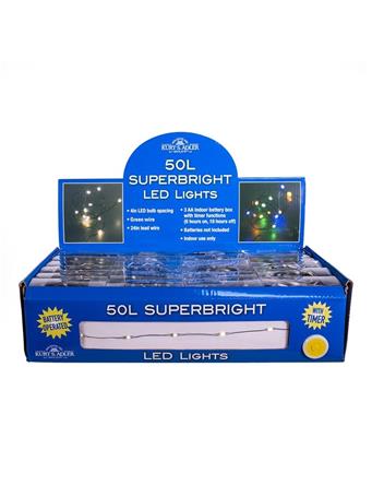 KURT ADLER - 18.3' Battery Operated 50-Light Warm White Superbright LED Green Wire Light Set WARM WHITE
