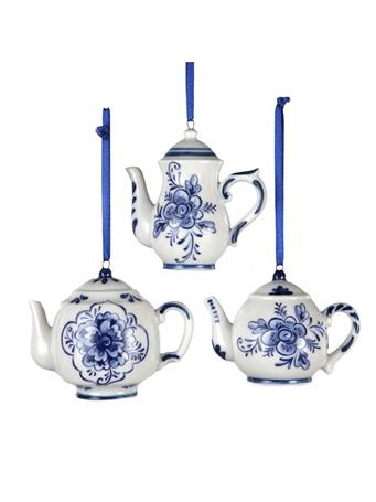 KURT ADLER - Delft Blue Teapot Ornament WHITE/BLUE