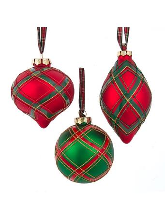 KURT ADLER - 70-80MM Glass Red & Green Plaid Ball, Onion & Finial Ornaments, 3 Assorted 3 ASST