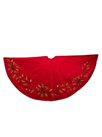 KURT ADLER - 72" Red Dupion With Multi Sequin Poinsettia & Holly Leaves Tree Skirt RED