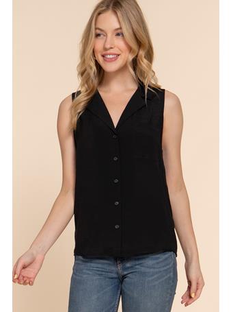 ACTIVE BASIC - Sleeveless Button Down Woven Top BLACK