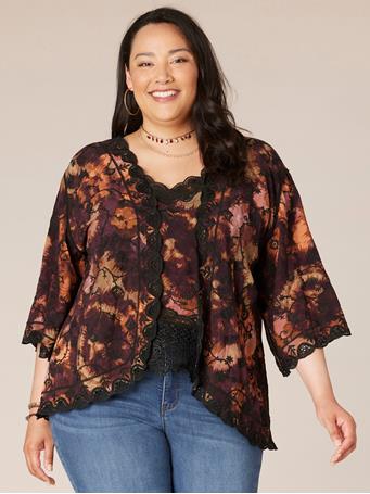 DEMOCRACY - Three Quarter Sleeve Open Front Crochet Edge Plus Size Woven Kimono BLACK MULTI