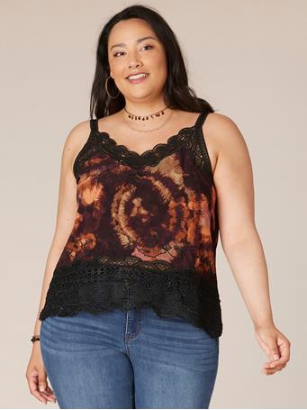 DEMOCRACY - Sleeveless V-Neck Scalloped Plus Size Woven Tank Top with Embroidery BLACK MULTI