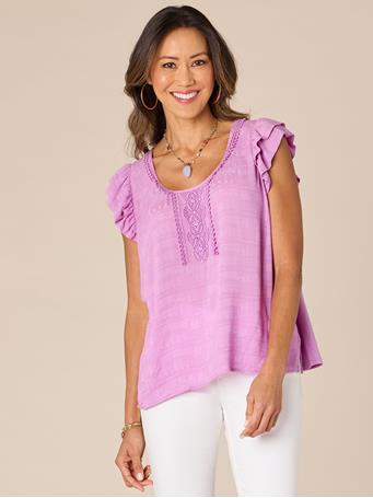 DEMOCRACY - Double Ruffle Sleeve Crochet Fringe U-Neck Woven Tank Top VIOLET BLOOM