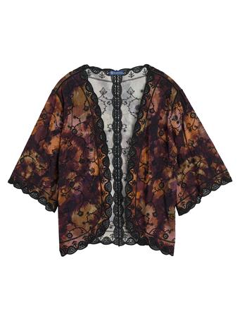 DEMOCRACY - Three Quarter Bell Sleeve Open Front Scallop Edge Crochet Woven Kimono BLACK MULTI