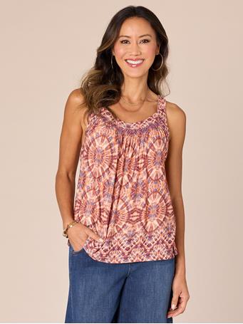 DEMOCRACY - Sleeveless Smocked Scoop Neck Border Print Knit Tank Top CANYON ROCK MULTI
