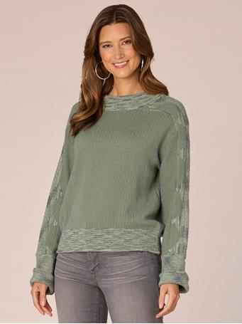 DEMOCRACY - Long Cuffed Sleeve Mock Neck Space Dye Framing Sweater SAGE GREEN MULTI