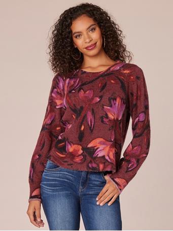 DEMOCRACY - Long Puff Sleeve Round Neck Abstract Floral Print Sweater SYRAH BLACK MULTI