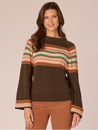 DEMOCRACY - Long Cuffed Sleeve Mock Neck Placement Stripe Raw Stitch Sweater BROWN GUAVA MULTI