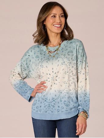 DEMOCRACY - Ombre Placement Print Hi-Low Hem Knit Top HEATHER ECRU/BLUE