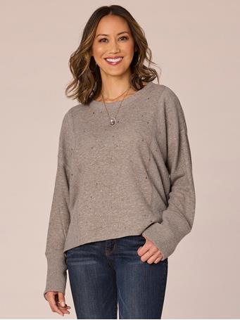 DEMOCRACY - Rhinestone Mixed Media Knit Top HEATHER PUTTY