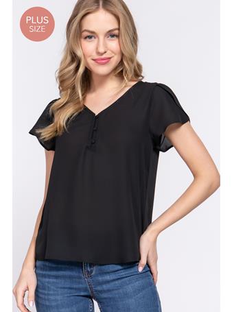 ACTIVE BASIC - [Plus] Short Tulip Sleeve V-Neck Blouse BLACK
