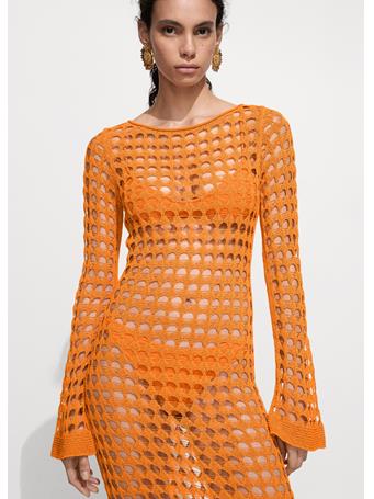 MANGO - Long Openwork Knitted Dress BRIGHT ORANGE