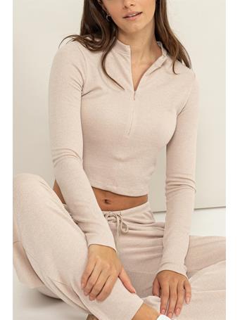 HYFVE - Zipfront Long Sleeve Waffle Knit Crop Top CREAM