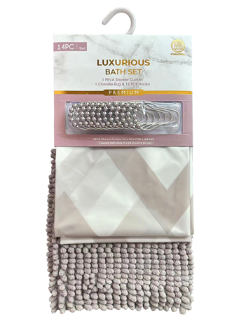 14 PC Bath Mat and Curtain Set GREY