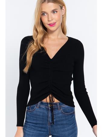 ACTIVE BASIC - V-Neck Shirring Tie Detail Sweater BLACK