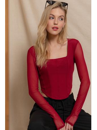 ACTIVE BASIC - Square Neck Corset Detail Mesh Top WINE
