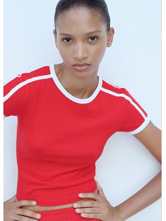 MANGO - Contrast Knitted T-shirt BRIGHT RED
