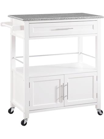 LINON - Cameron Wood Granite Top Rolling Kitchen Cart WHITE