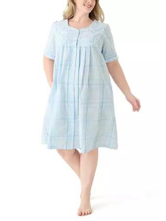 MISS ELAINE - Plus Size Seersucker Short Snap Robe 967 BLUE/MINT/YELLOW