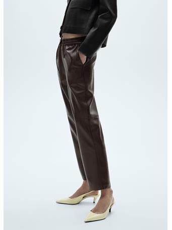 MANGO - Leather-Effect Elastic Waist Trousers DARK BROWN
