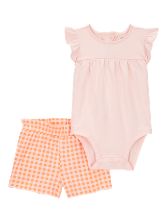 CARTER'S - Baby 2-Piece Gingham Bodysuit & Short Set ORANGE