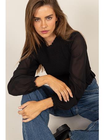 HYFVE - Smocked Long Sleeve Ruffle Hem Top BLACK
