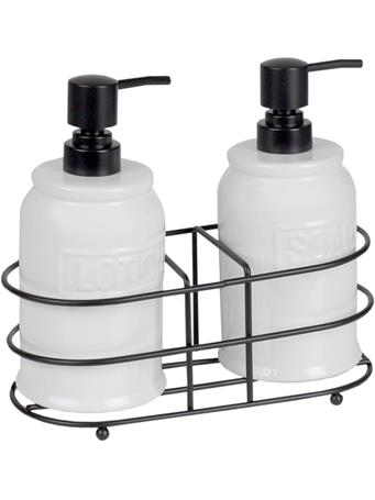 HOME ESSENTIALS - 3 Piece Embossed Ceramic Dispenser with Metal Rack NO COLOR