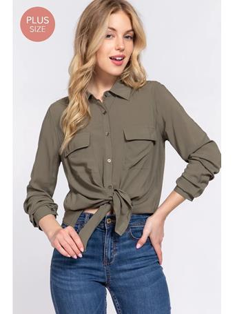 ACTIVE BASIC - Plus Long Sleeve Front Pocket Woven Shirt OLIVE