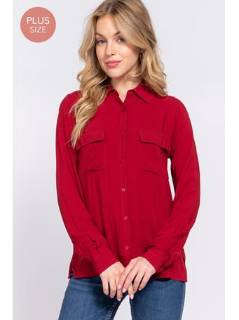 ACTIVE BASIC - Plus Long Sleeve Front Pocket Woven Shirt BURGUNDY