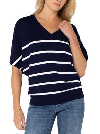 LIVERPOOL JEANS - Short Sleeve Dolman V-neck Sweater NVY WHT STRIPE