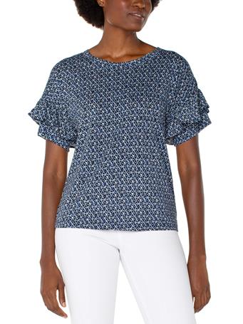 LIVERPOOL JEANS - 1/2 Sleeve Drop Shoulder With Ruffle NVY CRM BATIK M