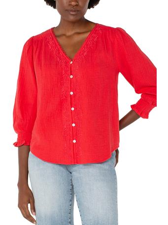 LIVERPOOL - 3/4 Sleeve Embroidered Woven Blouse GERANIUM