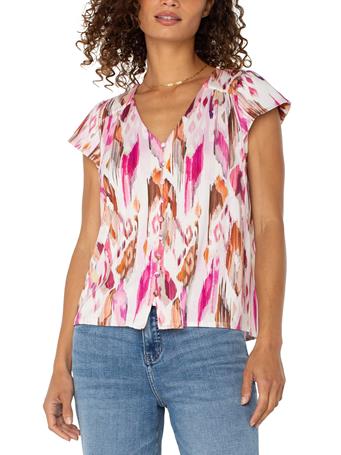 LIVERPOOL JEANS - Flutter Sleeve Button Front Knit Top PINK PNTD IKAT