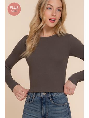 ACTIVE BASIC - Plus Long Sleeve Round Neck Cotton Spandex Rib Tee CHARCOAL GREY