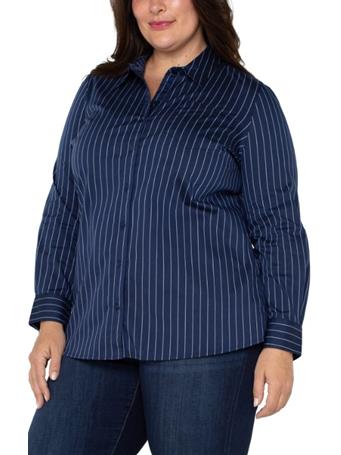 LIVERPOOL JEANS - Classic Button Front Poplin Shirt NVY/WHT PNSTRPE