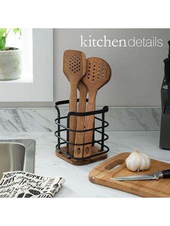 KITCHEN DETAILS - Black Cutlery Holder with Acacia Base BLACK