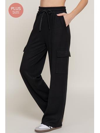 ACTIVE BASIC - Plus Drawstring Waistband Side Pocket Knit Corduroy Long Pants BLACK