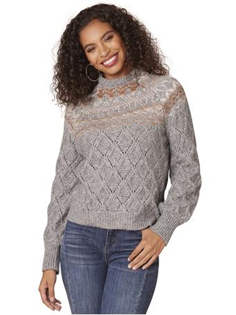 DEMOCRACY - Long Sleeve High Round Neck Fair Isle Yoke Pointelle Mix Sweater HEATHER GREY/BROWN MULTI
