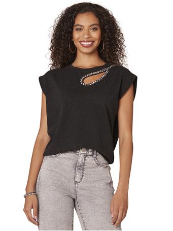 DEMOCRACY - Extended Cap Sleeve Crew Neck Rhinestone Cut Out Knit Top BLACK