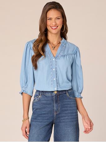 DEMOCRACY - Cinched Band Sleeve Collared Crochet Inset Button Down Woven Top LIGHT BLUE