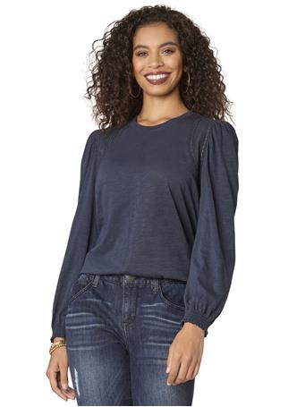 DEMOCRACY - Long Puff Ruffle Sleeve Crew Neck Ladder Crochet Knit Top NAVY