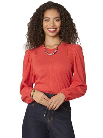 DEMOCRACY - Long Puff Ruffle Sleeve Crew Neck Ladder Crochet Knit Top POPPY RED