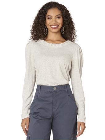 DEMOCRACY - Long Sleeve Crew Neck With Soutache Side Ruched Knit Top HEATHER OFF WHITE