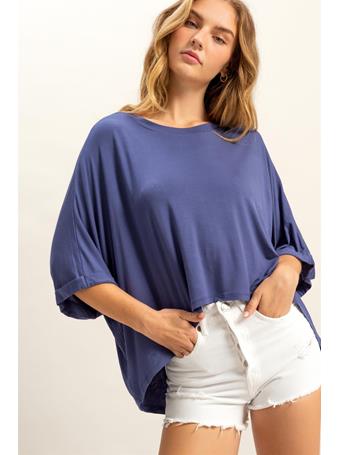 DOUBLE ZERO - Round Neck Loose Fit High-Low Top DUSTY INDIGO