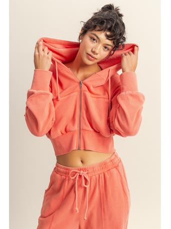 DOUBLE ZERO - Long Sleeve Cropped Washed Zip Up Hoodie CORAL